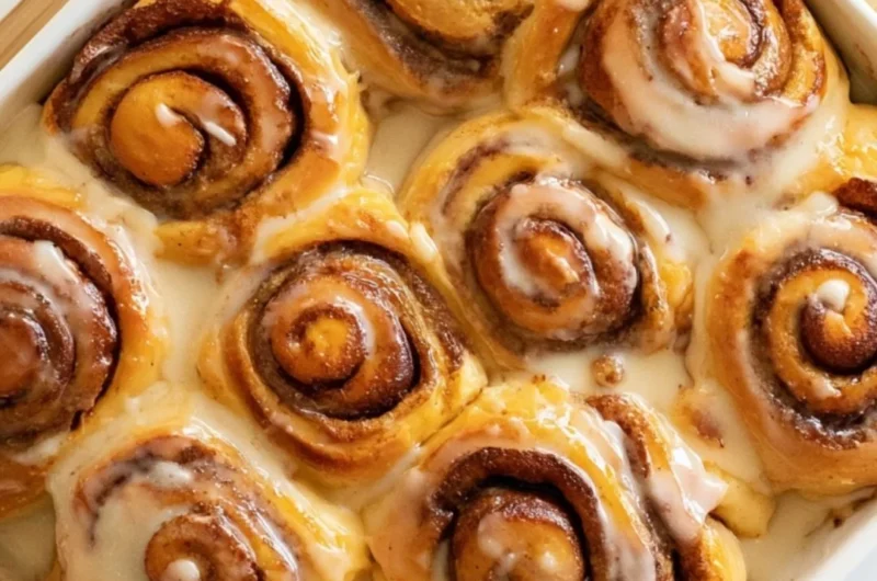 Delicious Heavy Whipping Cream Cinnamon Rolls topped with creamy icing