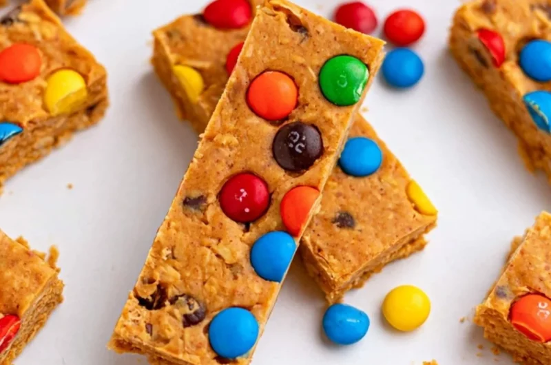Delicious no-bake monster cookie protein bars made with oats and peanut butter