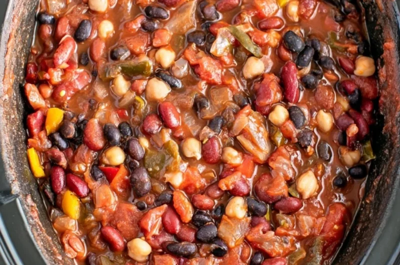 A bowl of slow cooker vegetarian chili topped with fresh herbs and served with bread.