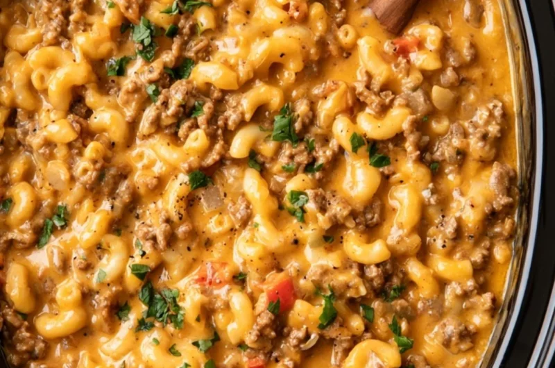 Delicious slow cooker hamburger helper in a bowl ready to serve