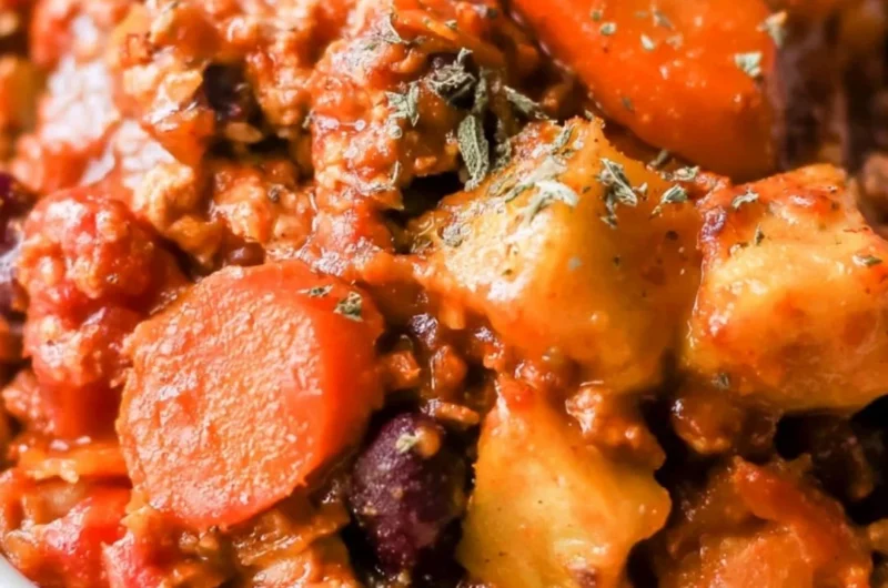 Bowl of Turkey Apple Chili garnished with fresh herbs and spices.