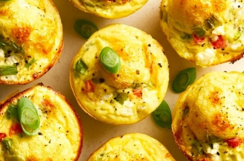 Veggie and egg muffins made with fresh vegetables and eggs, served on a wooden board.