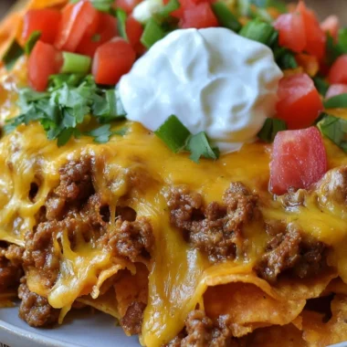 Walking taco casserole topped with cheese, lettuce, and tortilla chips