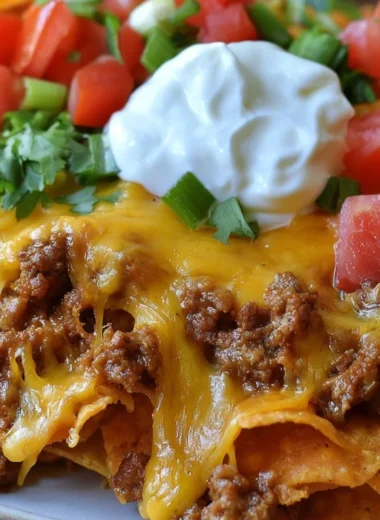 Walking taco casserole topped with cheese, lettuce, and tortilla chips
