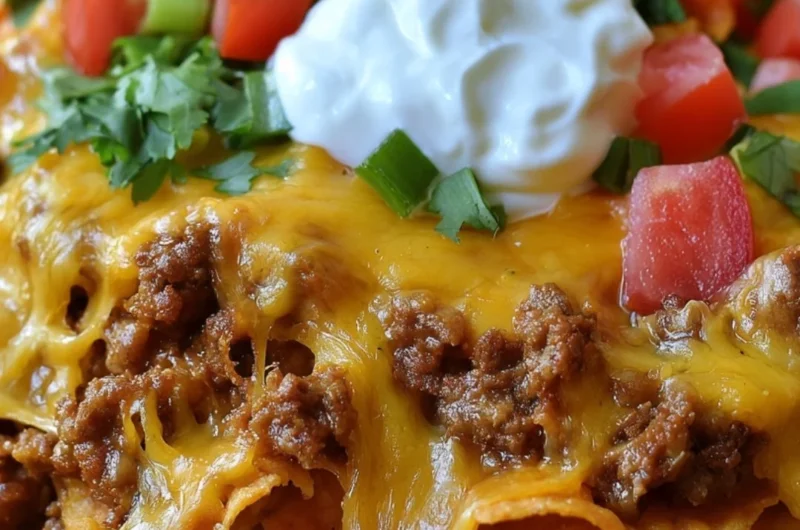 Walking taco casserole topped with cheese, lettuce, and tortilla chips