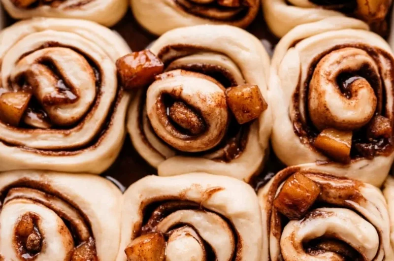 Freshly baked apple pie cinnamon rolls with a drizzle of icing on top