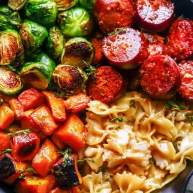 Autumn dinner plate with sausage, pasta, Brussels sprouts, and roasted butternut squash