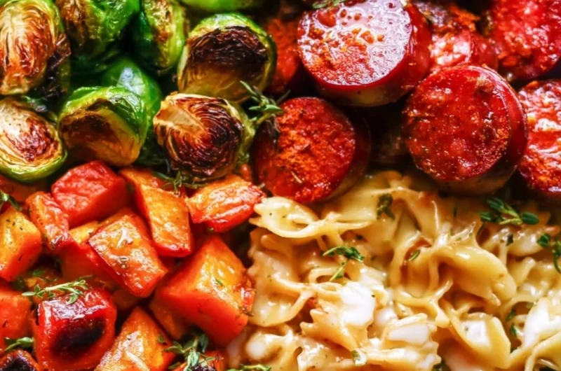 Autumn dinner plate with sausage, pasta, Brussels sprouts, and roasted butternut squash