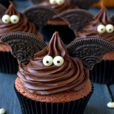 Delicious Halloween Bat Cupcakes decorated with chocolate frosting and bat wings