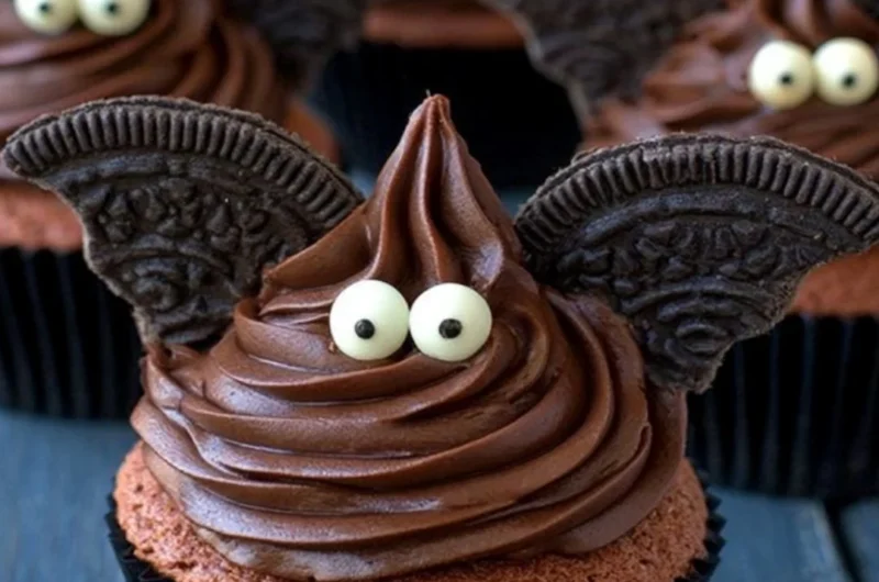 Delicious Halloween Bat Cupcakes decorated with chocolate frosting and bat wings