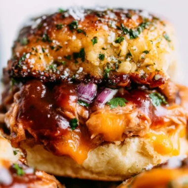 Delicious BBQ chicken sliders served on a plate with fresh toppings