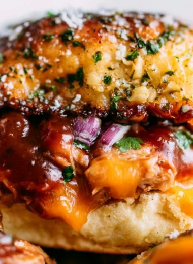 Delicious BBQ chicken sliders served on a plate with fresh toppings