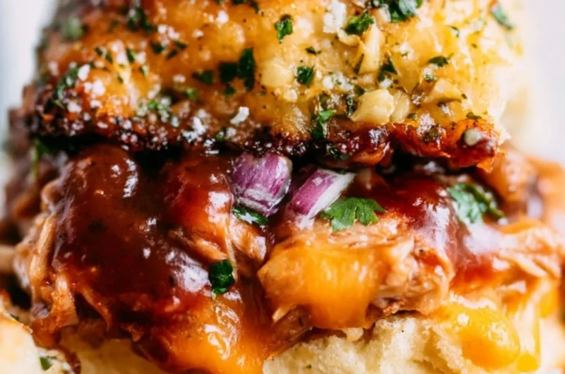 Delicious BBQ chicken sliders served on a plate with fresh toppings