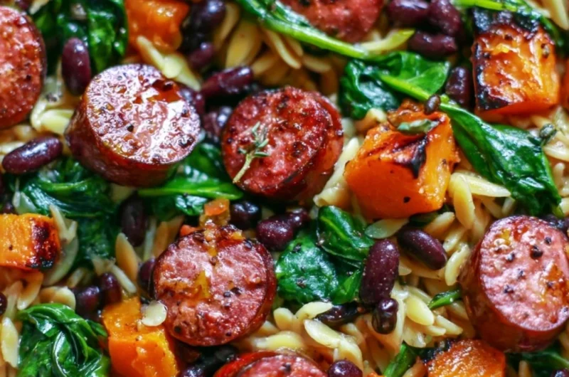 Butternut squash orzo with black beans, sausage, and spinach, served in a bowl.