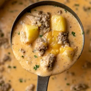 Bowl of Cheesy Beef and Potato Soup: A warm, hearty dish with savory ingredients.