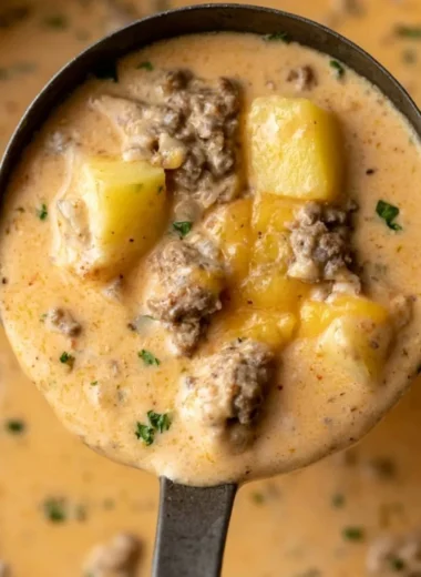 Bowl of Cheesy Beef and Potato Soup: A warm, hearty dish with savory ingredients.