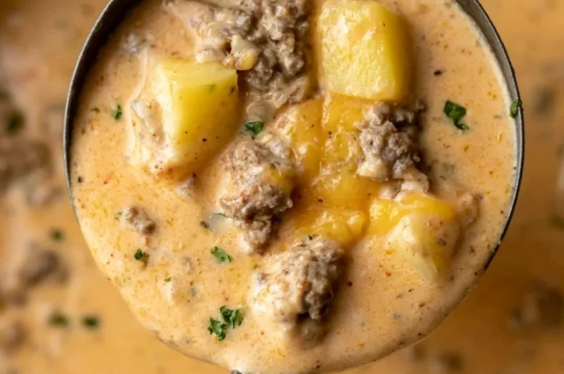 Bowl of Cheesy Beef and Potato Soup: A warm, hearty dish with savory ingredients.