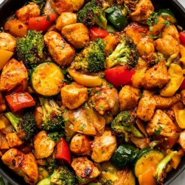 Chicken and vegetables skillet dish served in a frying pan, showcasing vibrant colors.