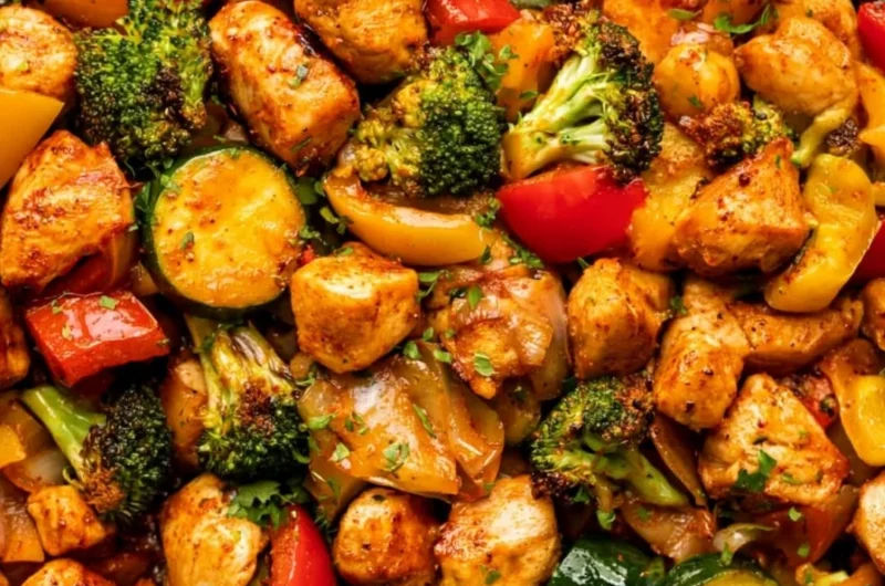 Chicken and vegetables skillet dish served in a frying pan, showcasing vibrant colors.