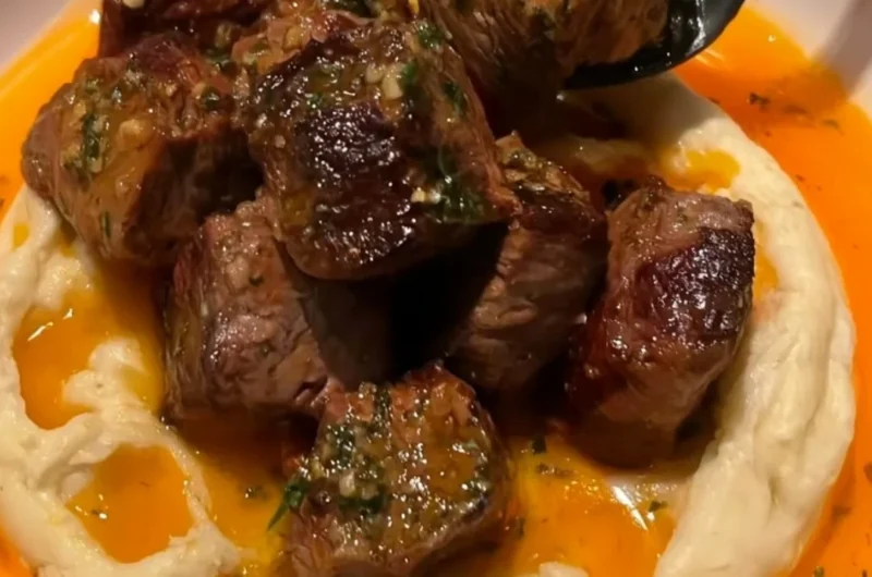 Cowboy Butter Steak Bites with caramelized onions served on a plate