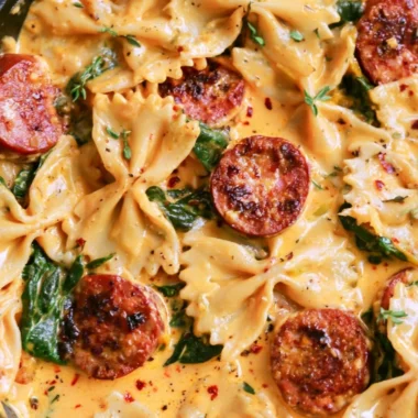 Creamy acorn squash pasta with sausage and spinach in a bowl