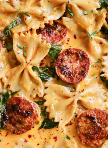 Creamy acorn squash pasta with sausage and spinach in a bowl