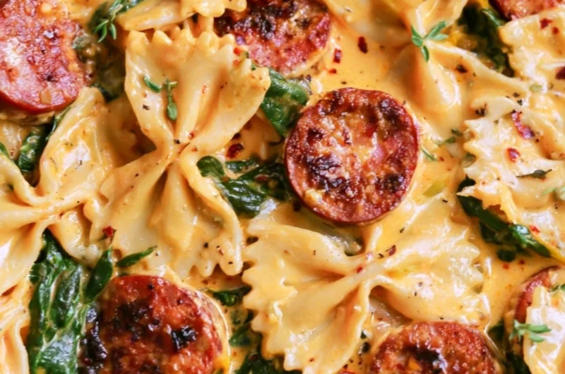 Creamy acorn squash pasta with sausage and spinach in a bowl