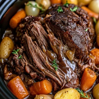 Delicious Crockpot pot roast with vegetables in a slow cooker.