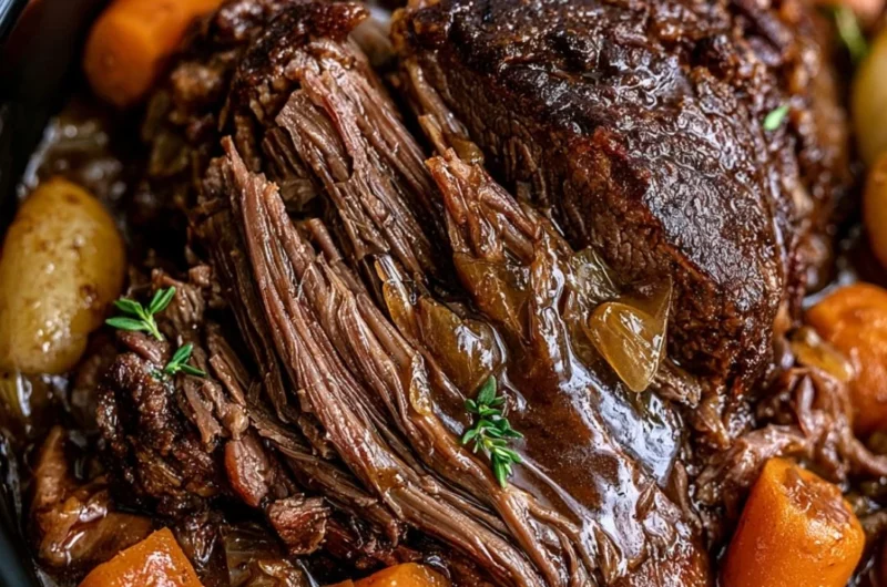 Delicious Crockpot pot roast with vegetables in a slow cooker.
