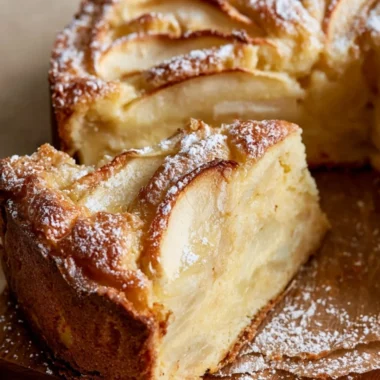 Slice of homemade French Apple Cake topped with fresh apples and cinnamon