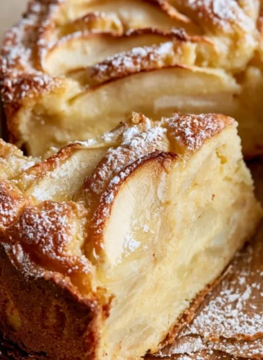 Slice of homemade French Apple Cake topped with fresh apples and cinnamon