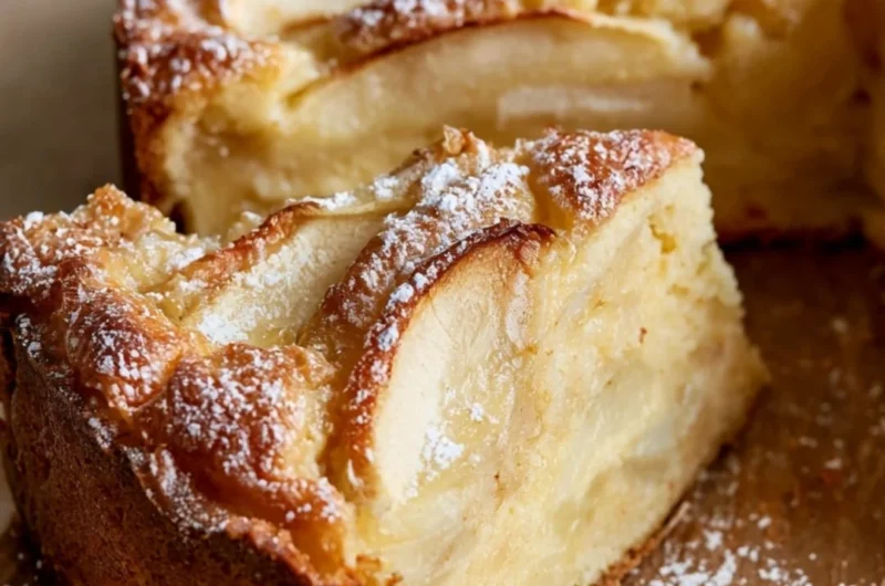 Slice of homemade French Apple Cake topped with fresh apples and cinnamon