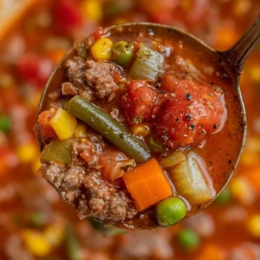 A bowl of hearty hamburger soup with vegetables