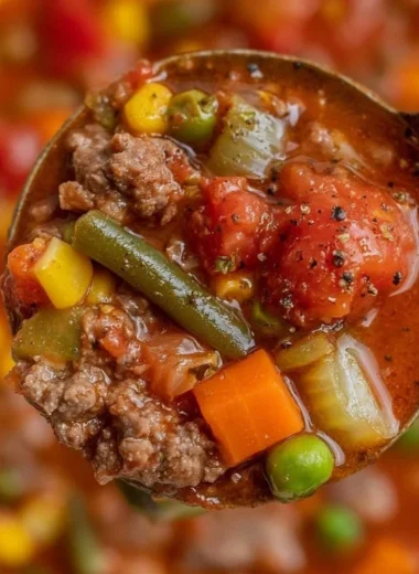 A bowl of hearty hamburger soup with vegetables