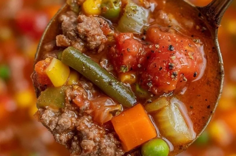 A bowl of hearty hamburger soup with vegetables