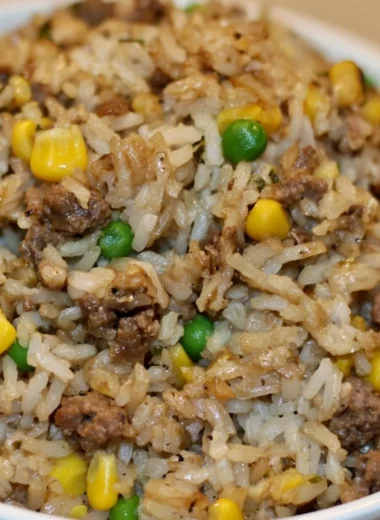 Homemade dirty rice with ground beef served in a bowl