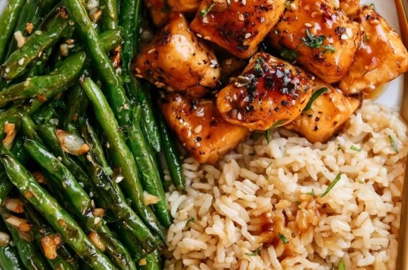 Honey Garlic Chicken served with sautéed green beans, a delicious meal idea.