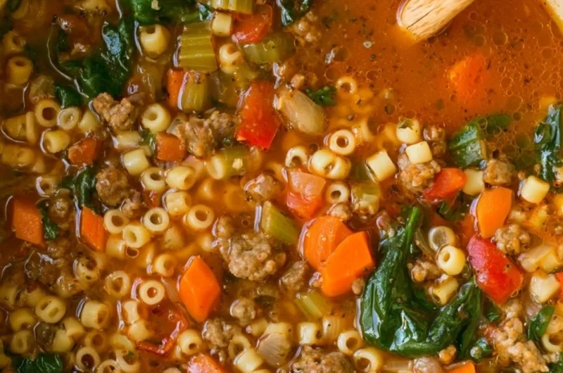 Bowl of hearty Italian sausage soup with vegetables and herbs