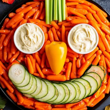 Festive Jack-O-Lantern Veggie Tray with assorted vegetables for Halloween