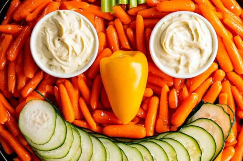 Festive Jack-O-Lantern Veggie Tray with assorted vegetables for Halloween