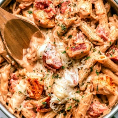 One pot chicken pasta dish garnished with herbs and served in a bowl