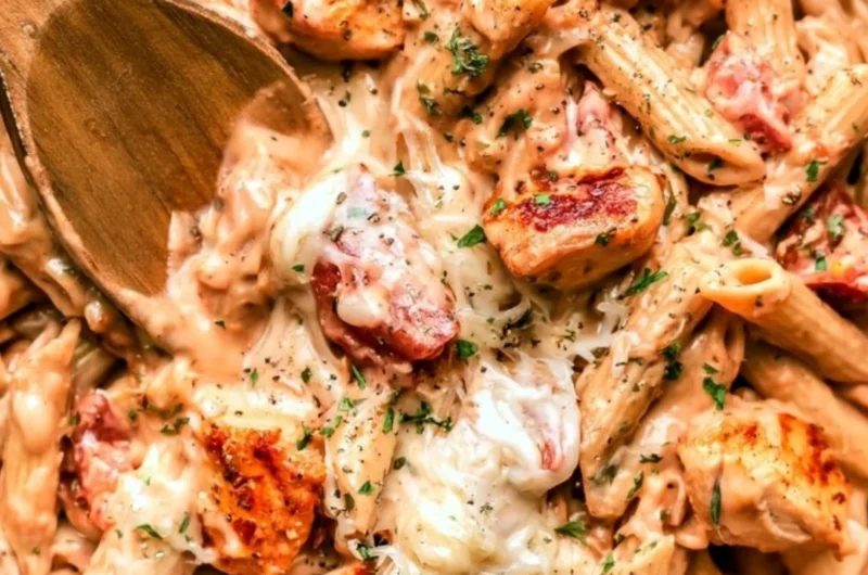 One pot chicken pasta dish garnished with herbs and served in a bowl