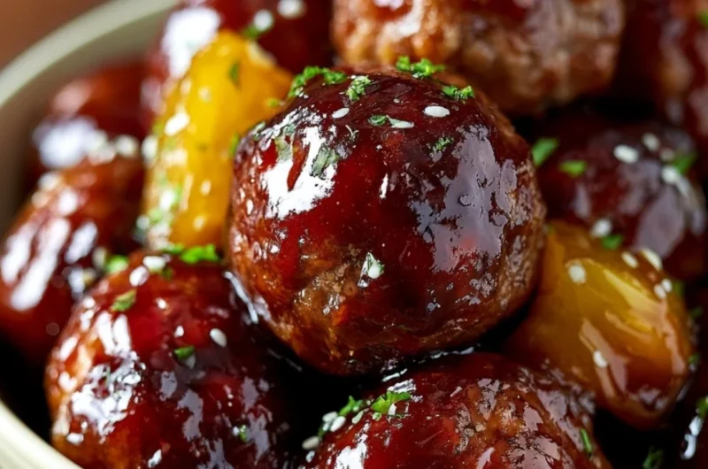 Delicious slow cooker teriyaki meatballs served with rice and vegetables