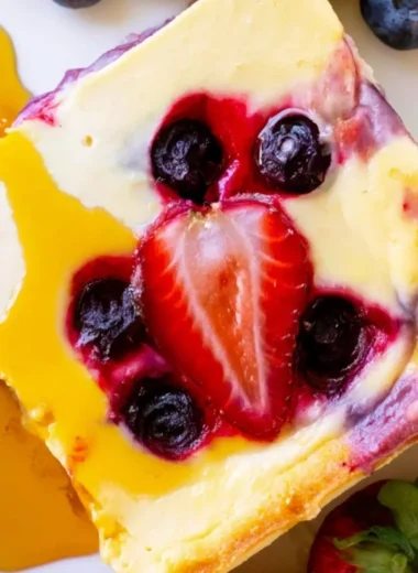 Delicious baked yogurt dessert topped with fruit and nuts