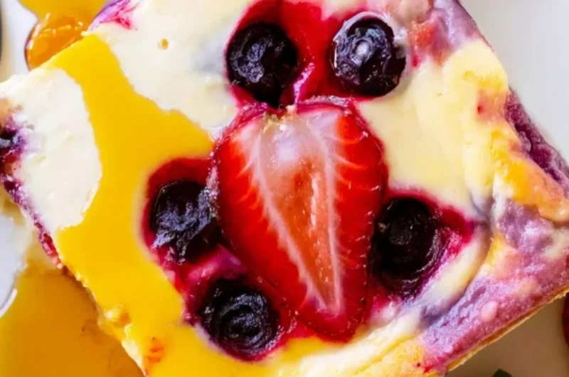 Delicious baked yogurt dessert topped with fruit and nuts