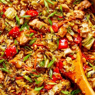Colorful cabbage stir fry served in a bowl with vegetables
