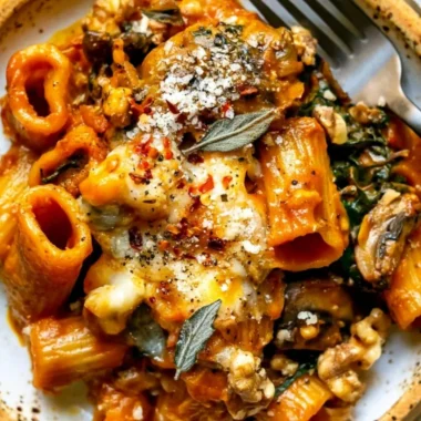 Cheesy pumpkin pasta bake topped with mushrooms and spinach
