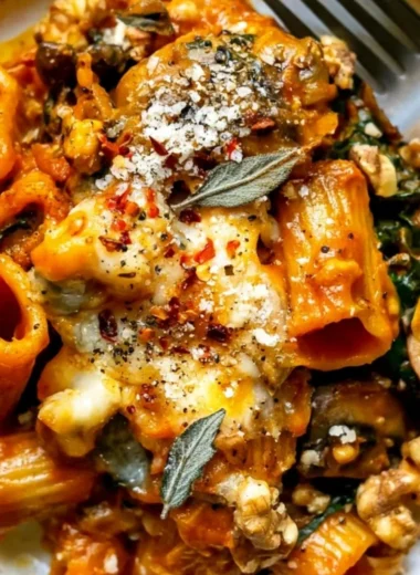 Cheesy pumpkin pasta bake topped with mushrooms and spinach