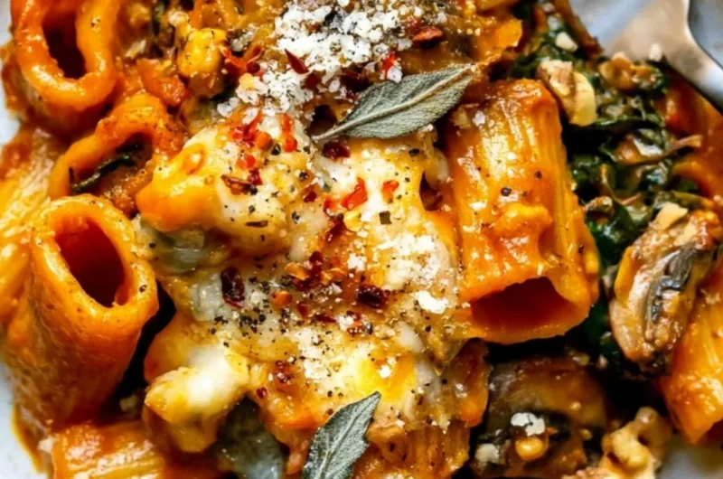 Cheesy pumpkin pasta bake topped with mushrooms and spinach