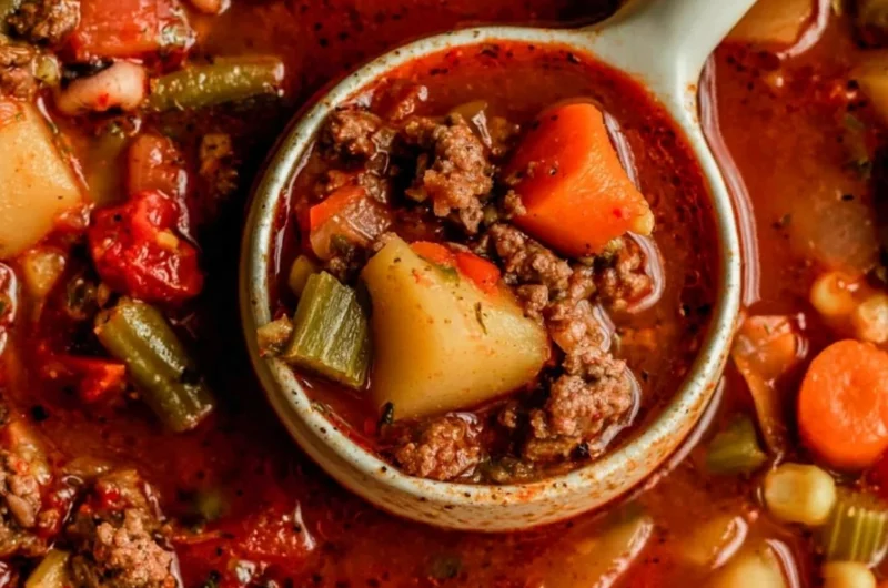A bowl of Cowboy Soup filled with beans, beef, and vegetables